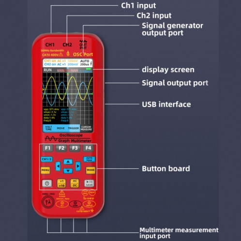 Oscilloscope numérique portatif à double canal BSIDE O9 50 MHz, source de signal multimètre, spécifications : avec sonde d'oscilloscope unique (rouge) SB73011821-016